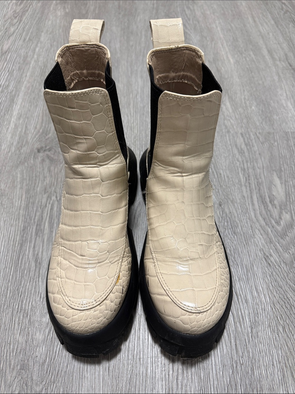UO Cream Croc-Embossed Chelsea Boots with Black Sole